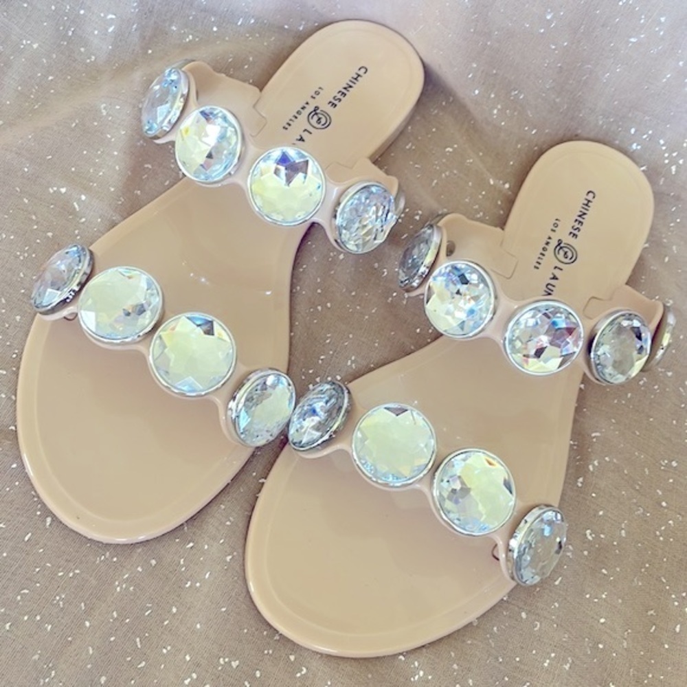 Brand New Chinese Laundry Nude Double Strap Large Jeweled Slides Sandals